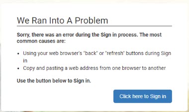 "Image showing the Error message displayed when accessing the Create New Password screen with the Click Here to Sign In button to return to the Sign In page."